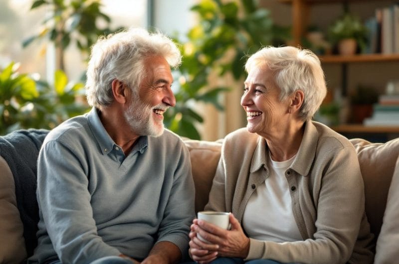 un-couple-age-discutant-dans-un-salon-confortable-avec-une-lumiere-chaleureuse-et-des-plantes-vertes-en-arriere-plan-exprimant-de-la-joie-et-de-lengagement