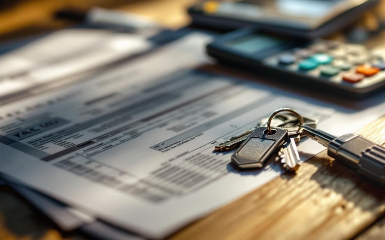 Gros plan d'une calculatrice, de formulaires fiscaux empilés et d'un trousseau de clés posé sur une table en bois usée, éclairage naturel doux du matin, ombres subtiles, tons chauds brun et gris.