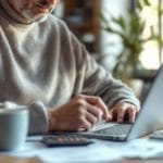 Propriétaire assis à son bureau à domicile examinant des reçus et des factures étalés, avec ordinateur portable, calculatrice et tasse de café, lumière naturelle douce par la fenêtre, ambiance chaleureuse et réaliste.