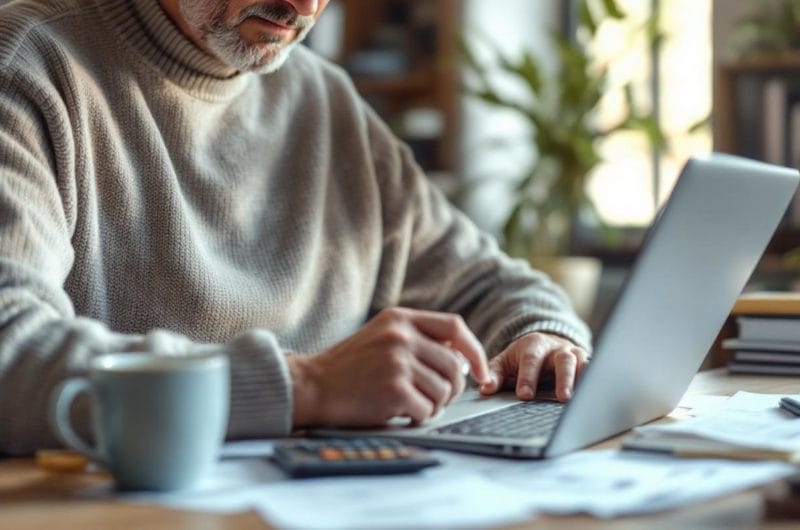 Propriétaire assis à son bureau à domicile examinant des reçus et des factures étalés, avec ordinateur portable, calculatrice et tasse de café, lumière naturelle douce par la fenêtre, ambiance chaleureuse et réaliste.