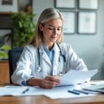 Médecin en cabinet privé examinant des documents d'assurance à son bureau, portant une blouse blanche et un stéthoscope, avec un ordinateur portable et des papiers sur un bureau en bois, lumière naturelle volumétrique, ambiance calme et professionnelle.